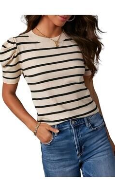 Women's Short Puff Sleeve Knit Tops 2024 Trendy Crewneck Striped Size M